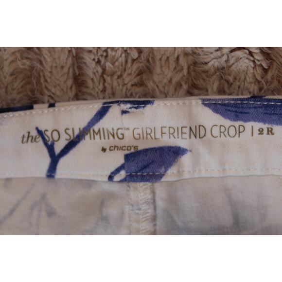 CHICOS SO SLIMMING Girlfriend Crop blue White Floral Stretch Cotton Pants 2 - Picture 4 of 14